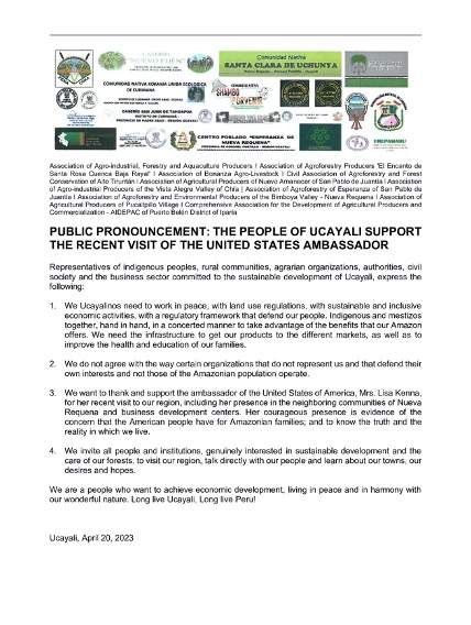 Public pronouncement the people of Ucayali