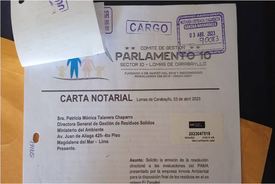 Carta notarial a Patricia Talavera