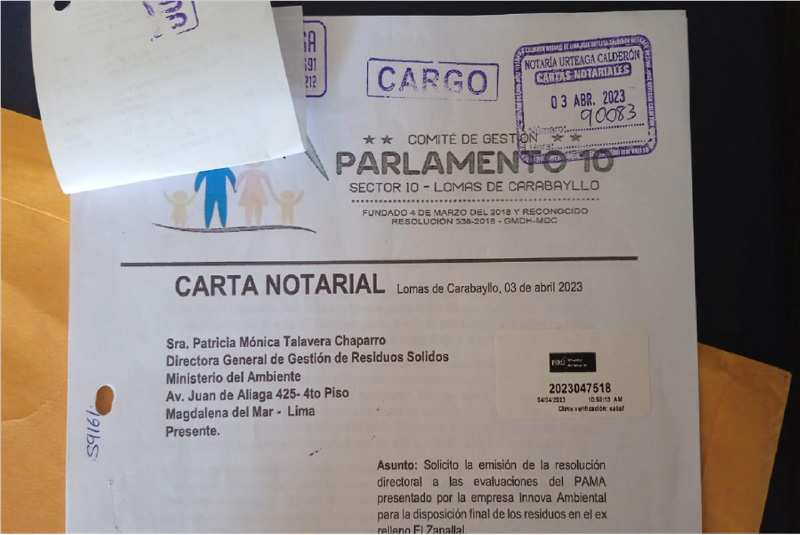 Carta notarial a Patricia Talavera, Directora General de Residuos Sólidos