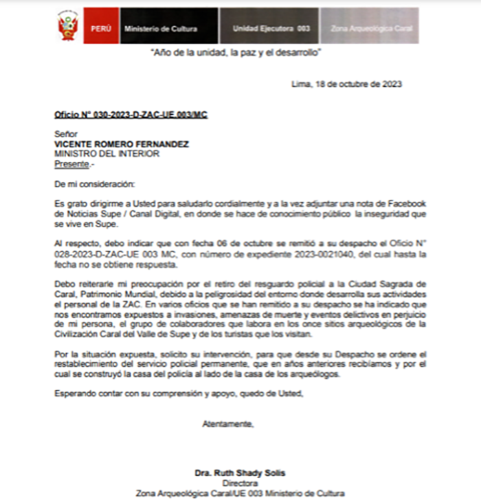 Documento enviado por la ZAC al ministro del Interior, Vicente Romero reiterándole el pedido de que se restablezca el resguardo policial permanente.